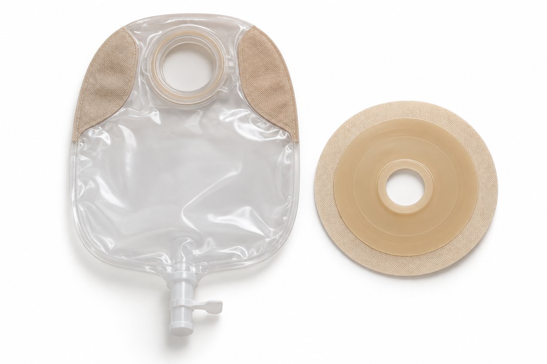 Urostomabeutel und Basisplatte nebeneinander