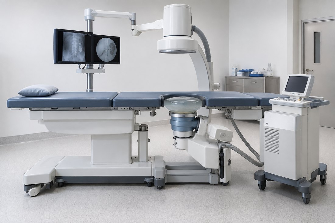 Behandlungsraum mit Liege, Röntgenbogen und Therapiekopf
